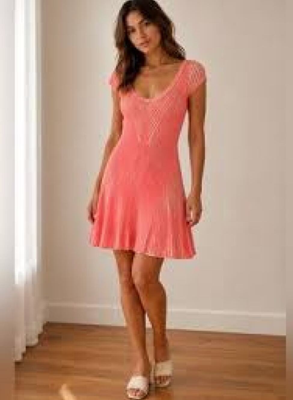 Free People Womens L Orange Cream 100% Cotton Fit Flare Stretch Mini Dress